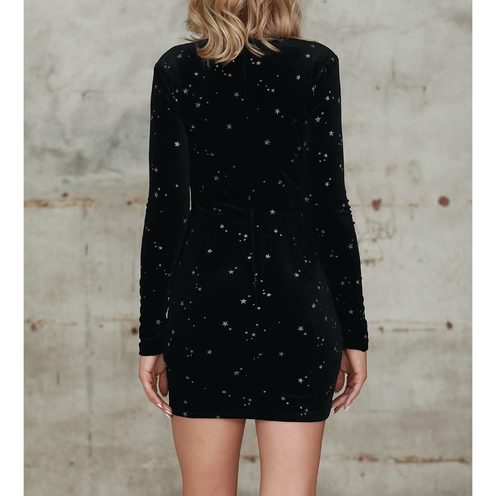 Black Silver Star Print Wrap Style Velvet Dress - Picture 2 of 6